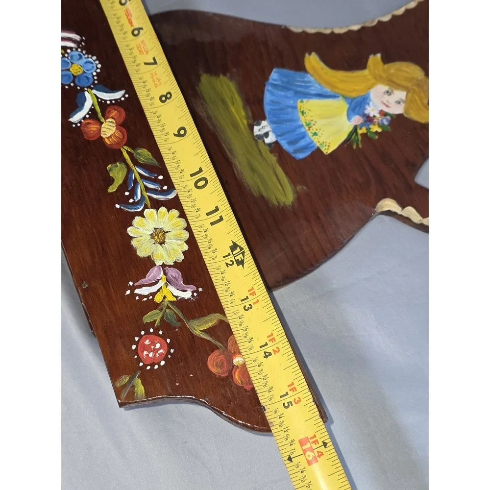 Vintage Hand Painted Wooden Wall Shelf Rack Folk Art Girl Floral Hanging Display